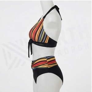 Conjunto de Bikini a Rayas para Mujer, Top Halter con Tiras Ajustables y Braguita de Cintura Alta con Cordón, Traje de Baño de Dos Piezas en Spandex y Poliéster - Product Image 3