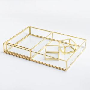 Polygon <b>Mirrored</b> Jewelry Tray <b>Gold</b> Metal Frame Modern Decorative Storage Organizer for <b>Table</b> Display - Product Image 2