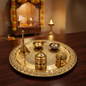 Ensemble de thali de prière en métal de luxe avec finition dorée ornée, plateau de prière rond gravé, porte-diya décoratif, porte-encens, bols à kumkum - Product Image 6