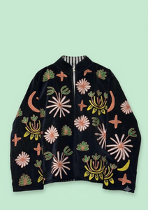 Black Embroidered <b>Velvet</b> Breathable Woven Short Stand Collar Zip-Up Bomber <b>Jacket</b> Floral Pattern <b>Women</b> Outerwear - Product Image 1