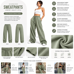 Pantalon large décontracté pour femme, en molleton de coton 450 GSM, idéal pour un usage quotidien, collection Premium 2026, doux, confortable, taille élastique - Product Image 3