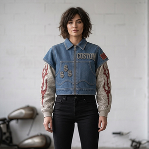 Veste en jean personnalisée Y2K tendance streetwear homme, manches cloutées motif flamme, gilet court en jean avec strass et signe dollar, fermeture éclair intégrale, délavé - Product Image 3