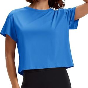 Bright Blue Loose Fit Women Yoga <b>Crop</b> <b>Tops</b> Cotton Blend Flexible Fabric Breathable Premium Yoga <b>Crop</b> <b>Tops</b> - Product Image 1