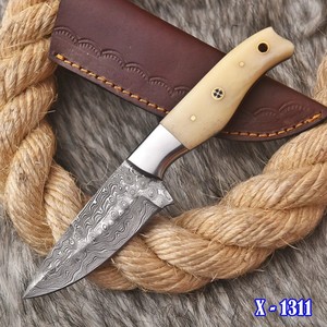 Cuchillo de Hoja Fija de Acero de Damasco, Punta Caída, Borde Recto, Mango de Hueso, Cuchillo para Acampar al Aire Libre - Product Image 1