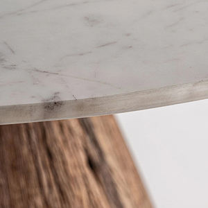 Sculptural Solid <b>Reclaimed</b> <b>Wood</b> Base With White Marble Round <b>Top</b> Marble & Wooden Dining <b>Table</b> For Home Office Kitchen Restaurant - Product Image 3