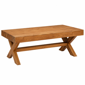 Mesa de Centro de Madera de Teca Sólida, Impermeable y Ecológica, con Tapa Rectangular Gruesa y Base de Patas en X, Mueble Moderno de Estilo Industrial - Product Image 1