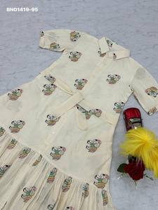 Elegant Look Pure Cotton with Thread-Embroidery Elephant-Motif Scattered <b>work</b> & Tie-<b>Belt</b> & Collar-Neck Frock Woman Fashion - Product Image 3