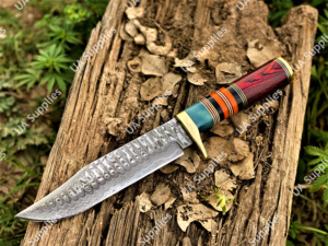 Couteau de chasse et de camping professionnel à lame fixe en acier Damas forgé à la main, pointe tombante, laiton coloré, vente chaude, ODM OBM - Product Image 3