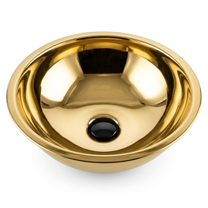 Lavabo sur comptoir moderne rond en laiton doré poli avec drain noir, vasque de luxe pour salle de bain, équipement sanitaire pour hôtel - Product Image 1