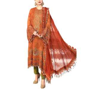 Vestido Largo Tradicional de Gasa Naranja Bordado para Mujer con Dupatta, Atuendo para Invitadas de Boda, Estilo Pakistaní e Indio - Product Image 1