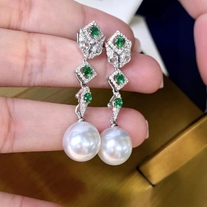 Fabricant en gros, boucles d'oreilles pendantes en argent 925, reine des neiges, paon vert, perle naturelle 10-11 mm - Product Image 5