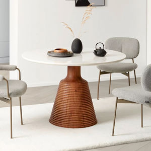 Mesa de comedor redonda de mármol blanco con base de pedestal estilo madera de mango maciza para interiores y exteriores, para el hogar y restaurantes. - Product Image 2