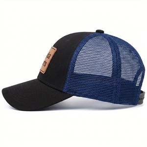 Custom Leather Patch Trucker Hat <b>Black</b> And Blue Mesh Snapback <b>Cap</b> Adjustable Curved Brim Outdoor Casual <b>Baseball</b> Hat - Product Image 2