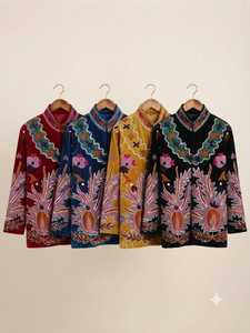 Blouson court vintage ethnique pour femme en velours brodé tissé à la main, motif floral, vêtements d'extérieur automne-hiver, Rajasthan - Product Image 3