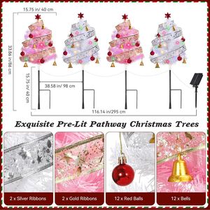 Set di 4 Alberi di Natale Preilluminati da Esterno, Alberi da Giardino da 86 cm con Nastri Intrecciati, Palline Rosse, Campanelle, Alberi di Natale a Energia Solare con Ricarica Type-C - Product Image 5