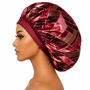 Bonnet de nuit en satin pour femme, motif géométrique, imprimé doré bordeaux, élastique réglable 56-58CM, style tendance, usage domestique - Product Image 2