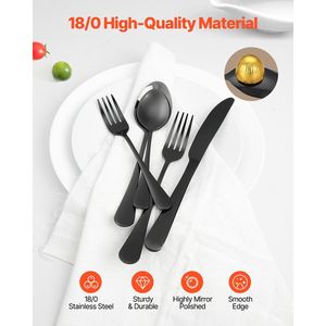 Set di posate nere da 30 pezzi, finitura a specchio, 6 utensili da tavola in acciaio inossidabile per alimenti, lavabili in lavastoviglie - Product Image 3