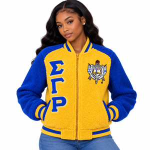 Chaqueta Bomber Reversible para Mujer en Amarillo y Azul Rey, con Letras Bordadas en Chenilla, Cierre Completo, Abrigo Cálido para Invierno - Product Image 1