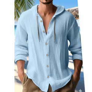 Chemise à capuche en coton texturé pour homme Everlooks, style nomade urbain, boutonnée, Zenith Slate Blue, coton froissé - Product Image 1