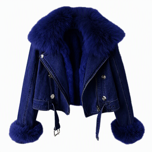 Veste en jean pour femme avec col et poignets en fausse fourrure bleue, longueur courte, manches longues, fermeture éclair, hiver - Product Image 2