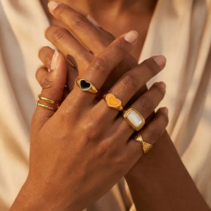 Geometric Electroplated <b>Ring</b> 304 Stainless Steel with Natural Shell Inlay 18K Gold PVD Plated Women Fashion Jewelry - Product Image 1