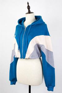 Women's Color Block <b>Cropped</b> <b>Zip</b> <b>Up</b> Hoodie Oversized Fleece Sweatshirt Casual Long Sleeve Hooded Streetwear Jacket - Product Image 5
