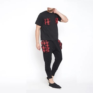 Men Black Red Buffalo Plaid Pocket Two Piece <b>Set</b> Short Sleeve Tee Cuffed Jogger Pants Cargo Utility Streetwear Casual <b>Set</b> - Product Image 3