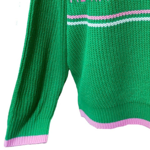 Suéter de Chenilla Rosa y Verde con Cuello Redondo, Diseño de Hoja de Hiedra Bordada, 100% Algodón, Tejido de Punto, Manga Larga, Estilo Casual Inspirado en la Hermandad - Product Image 2