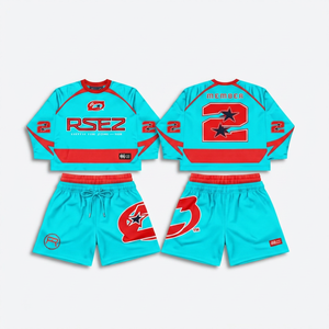 Ensemble de maillot de sport pour homme, bleu marine et jaune, imprimé par sublimation, séchage rapide, col rond, manches longues, avec short assorti, tenue d'été - Product Image 6
