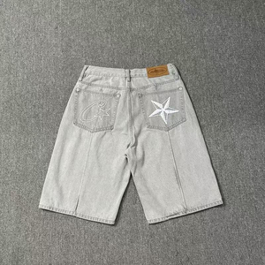 Pantalones Cortos Bermuda de Cintura Alta para Hombre con Logotipo de Estrella Bordado, Diseño Casual de Color Sólido con Botones y Tejido de Algodón - Product Image 5