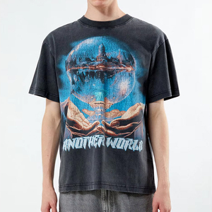 T-shirt imprimé pour homme Another World, manches courtes, coton, style vintage, col rond, design graphique personnalisé, décontracté - Product Image 1