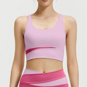 Soutien-gorge de sport sans coutures pour femme, dos nageur, col ras du cou, bordure contrastante, maintien moyen, coupe-vent, 100 % coton, bleu running - Product Image 5