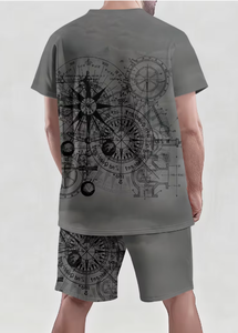 ชุดเสื้อยืดและกางเกงขาสั้นฤดูร้อนสำหรับผู้ชาย สีเทา พิมพ์ลายเข็มทิศ ผ้าถัก ระบายอากาศได้ดี สไตล์ลำลอง สตรีทแวร์ ชุดสองชิ้น - Product Image 5