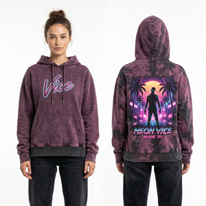 Sweat-shirt à capuche tie-dye violet pour femme, motif coucher de soleil néon rétro, style synthwave vintage des années 80, pull personnalisé, fournisseur de vêtements - Product Image 1