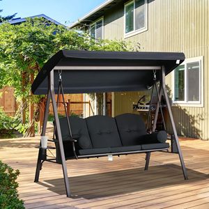 Dondolo a 3 posti in acciaio con tettoia e cuscini laterali imbottiti per patio, colore nero, modello da donna - Product Image 2