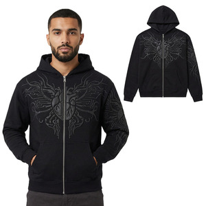 Sudaderas con capucha negras de cremallera completa, de algodón grueso y forro polar, con gráfico gótico en relieve, estilo urbano, logotipo personalizado, talla grande, al por mayor para hombre - Product Image 1