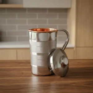 Carafe à eau en cuivre et acier avec extérieur en acier inoxydable et intérieur en cuivre pur, pichet d'hydratation ayurvédique sain - Product Image 3