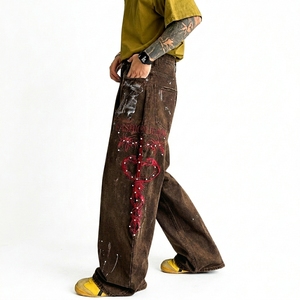 Jean droit ample à jambe large pour homme, style américain, en denim, orné de strass, imprimé graphique tie-dye, coupe décontractée, style urbain - Product Image 2