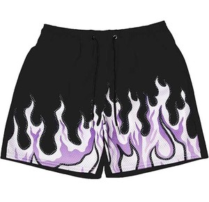 Shorts de bain décontractés pour hommes Modern Movements en maille beige avec imprimé flamme bleue, fermeture à cordon de serrage, longueur courte, taille mi-haute, respirants - Product Image 5