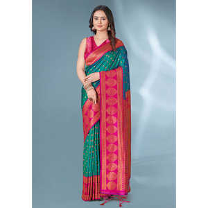 Sari en soie Paithani à pois verts et roses Elite Weaves, avec blouse non cousue, tissage Zari contrasté, vêtements indiens et pakistanais, 0,65g - Product Image 5