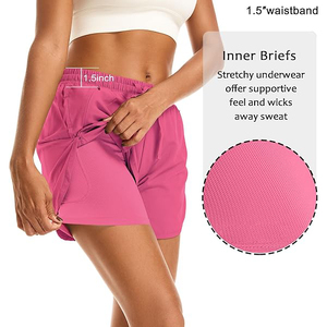 Magenta 2 in 1 <b>Drawstring</b> Gym Shorts for Women Polyester Double Layer Workout Shorts with Zipper Pocket Running - Product Image 3