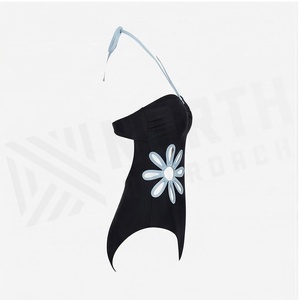 NORMA APPAREL Women's Black One-Piece Swimsuit With Light Blue Daisy Appliques Halter Neckline Stretch Fabric - Product Image 3