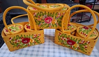 Set Keranjang Organizer Serbaguna Kain Kuning Buatan Tangan dengan Detail Bordir Bunga yang Rumit, Kotak Penyimpanan