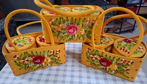 Handcrafted Yellow Fabric Multi-Utility Basket Organizer Set with Intricate Floral Hand Embroidery Detailing <b>Storage</b> Caddy Boxes - Product Image 2