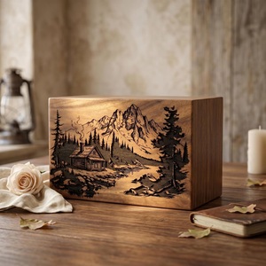 Personalized Wooden Mountain Cabin Pet & Baby Urn Engraved <b>Memorial</b> Ash <b>Box</b> Rustic Nature Keepsake Custom Cremation - Product Image 1