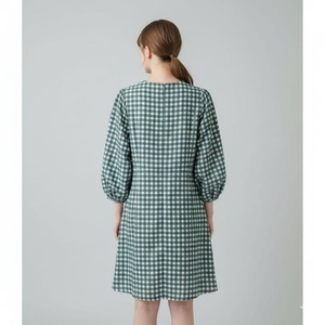 V-Neck Plaid A-Line Dress With Cap Sleeves Knee-Length Breathable Cotton Bamboo Fiber Vintage Style For Women - Product Image 4
