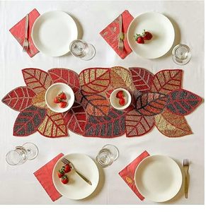 Embroidered Leaf Pattern <b>Table</b> Runner Rustic Home Decor Washable Multicolor <b>Plant</b> Design - Product Image 4