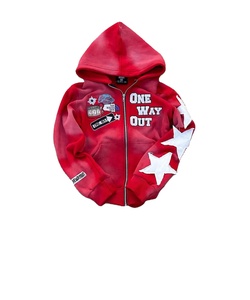 Sweat à capuche col rond épais en molleton bouclette, style streetwear personnalisé, avec strass, coupe oversize, effet vieilli, broderie zippée, délavage acide vintage - Product Image 2