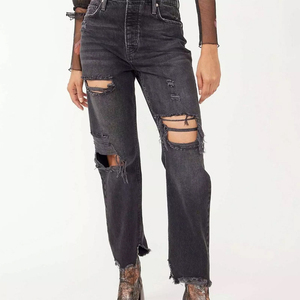 High Waist Straight Distressed Denim Pants Breathable Cotton Loose Fit Ripped Washed Vintage Casual Winter Unisex - Product Image 4