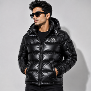 <b>GYM</b> ACTIVE Men's Glossy Hooded Fleece Lined Puffer <b>Jacket</b> Winter Warm Quilted Embroidery Casual Outdoor <b>Jacket</b> Custom Logo OEM - Product Image 3